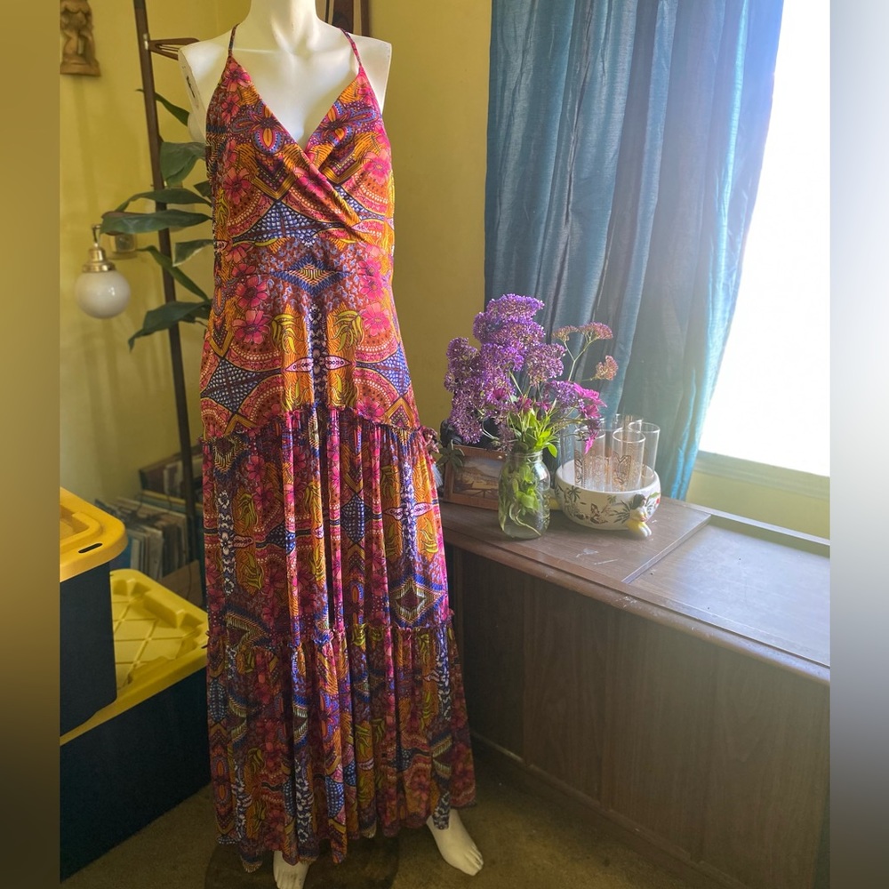 Ladies long 3 tier boho halter top maxi dress hippie festival psychedelic